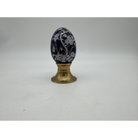 Multi- blue Tree Print Gold Gilded Egg with Brass Stand. - Picture 8 of 8